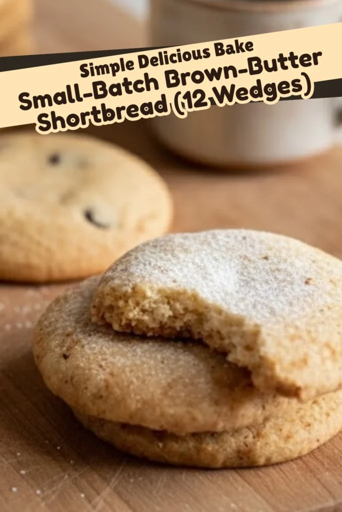 Brown butter shortbread cookies with powdered sugar and a bite taken out, displayed on a wooden board with text overlay reading small-batch brown-butter shortbread.
