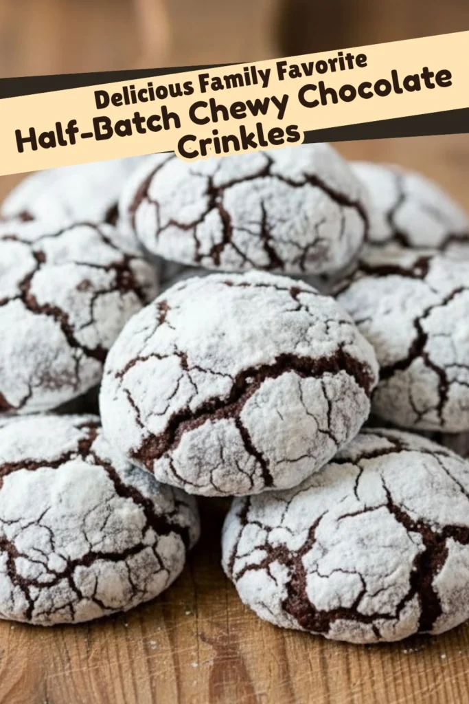 Half batch chewy chocolate crinkle cookies stacked on a wooden surface with recipe title overlay