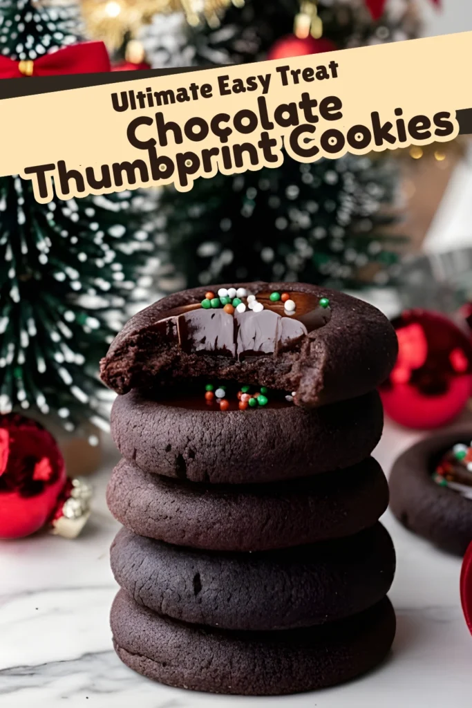 Stack of chocolate thumbprint cookies with a bitten cookie on top and holiday decorations in the background