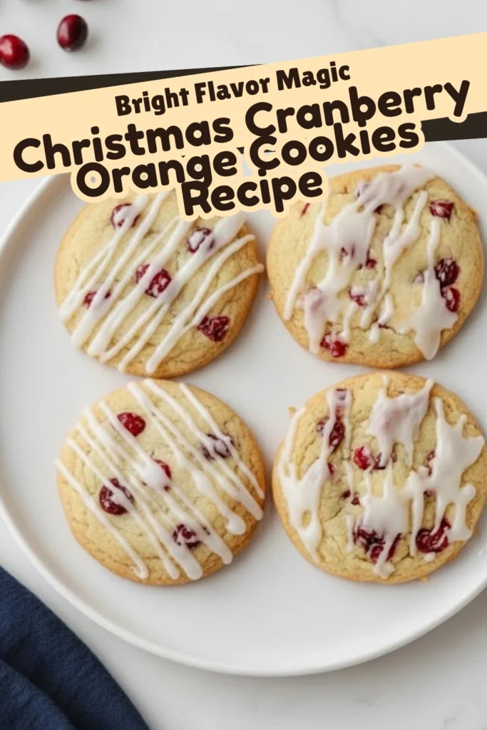 Christmas orange cranberry cookies with icing drizzled on top on a white plate