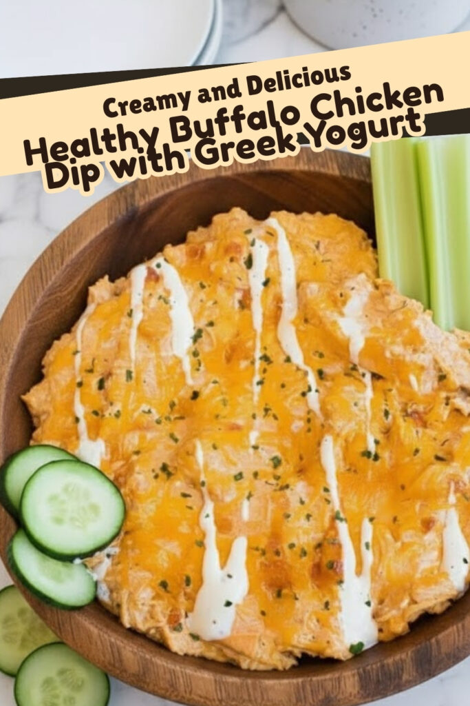 Healthy Buffalo Chicken Dip with Greek Yogurt topped with cheddar, ranch drizzle, and served with cucumbers and celery