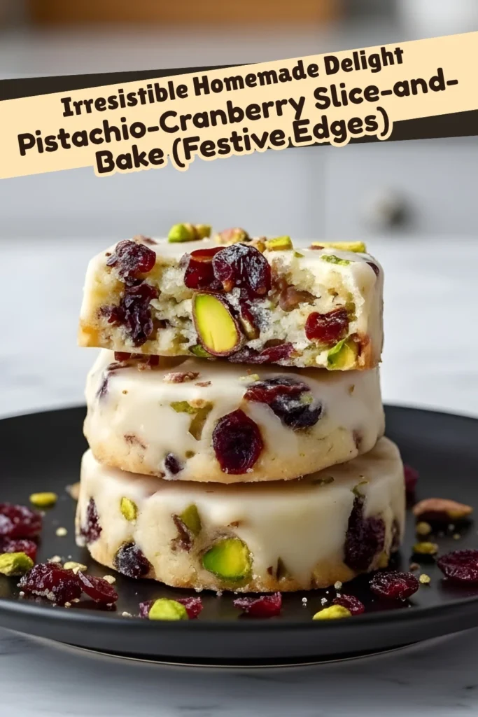 Stacked cranberry pistachio shortbread cookies with festive slice-and-bake edges on a black plate, topped with dried cranberries and pistachios.