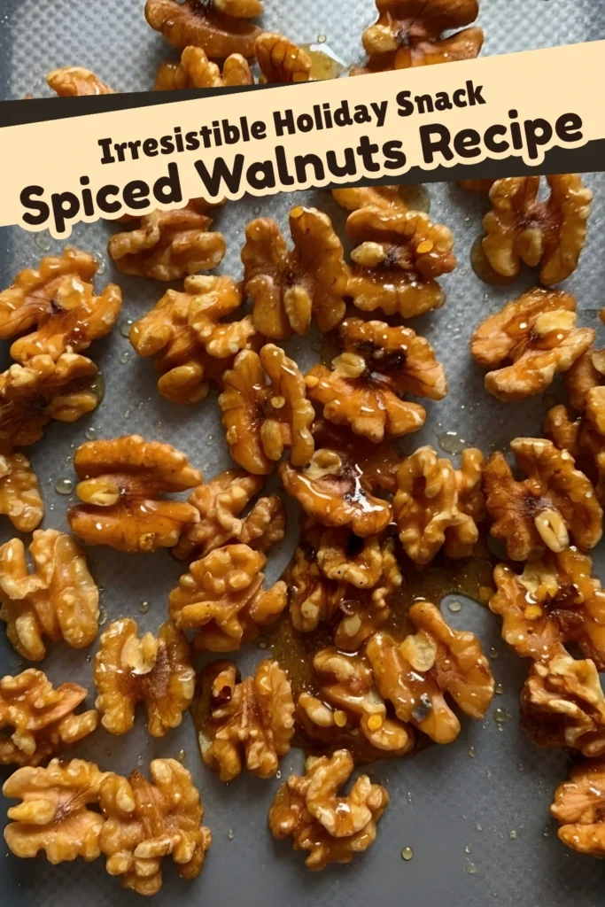 Golden roasted walnuts coated with maple syrup and spices on a baking tray from an irresistible holiday spiced walnuts recipe