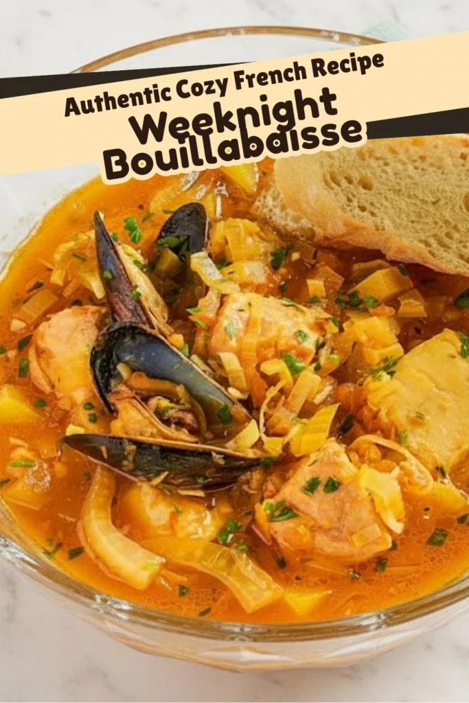 Bowl of Weeknight Bouillabaisse seafood stew with mussels, shrimp, and white fish in a saffron tomato broth, topped with herbs and served with toasted bread