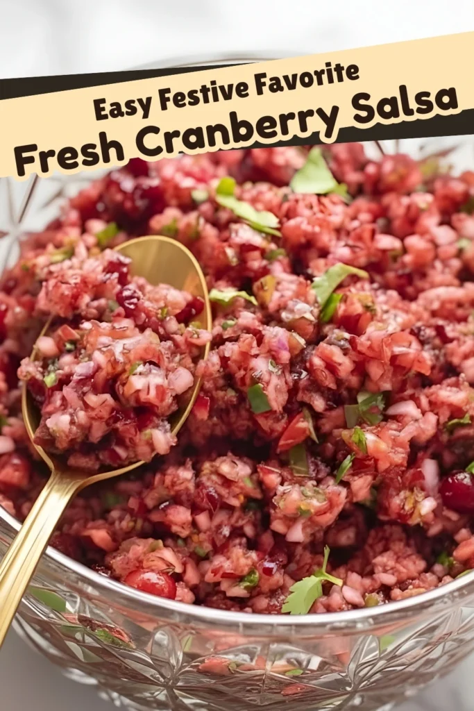 Close-up of fresh cranberry salsa in a glass bowl with chopped cranberries, red onion, jalapeño, and cilantro, served with a golden spoon and labeled “Easy Festive Favorite.”