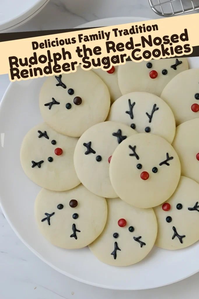Plate of Rudolph the Red-Nosed Reindeer sugar cookies with chocolate antlers, red noses, and festive holiday text overlay