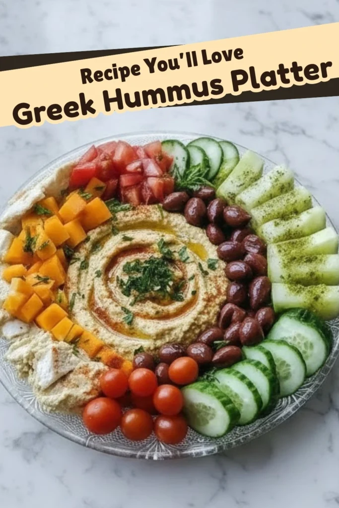Greek hummus platter with creamy hummus surrounded by olives, cucumbers, cherry tomatoes, cheese, and peppers, styled for a recipe post.