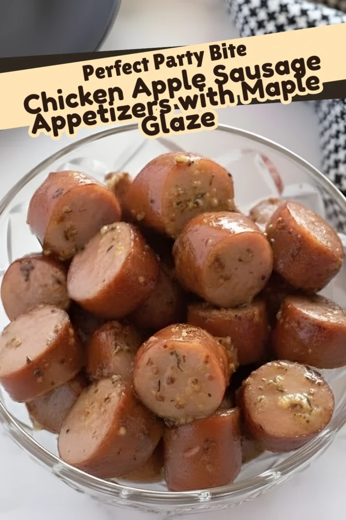 Chicken apple sausage appetizers with maple glaze served in a glass bowl perfect for parties and gatherings