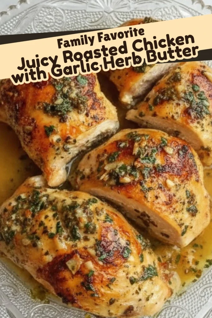 Juicy roasted chicken with garlic herb butter sliced and served on a glass plate with golden skin and herb sauce labeled Family Favorite recipe.