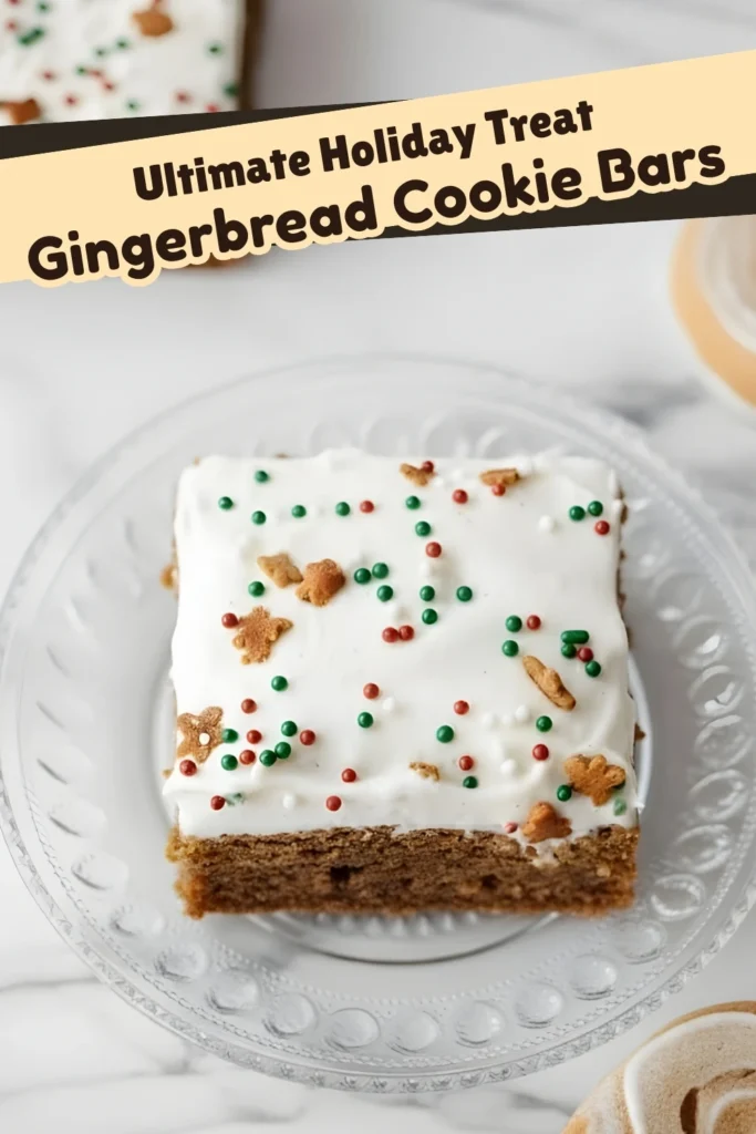 Single gingerbread cookie bar with cream cheese frosting and festive red and green sprinkles on a glass plate, labeled as the ultimate holiday treat.