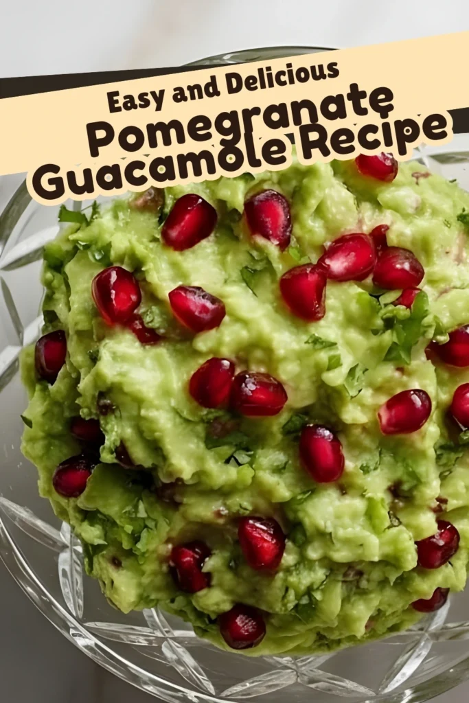 Easy and delicious pomegranate guacamole recipe featuring creamy avocado dip with red pomegranate seeds and fresh cilantro in a glass bowl.