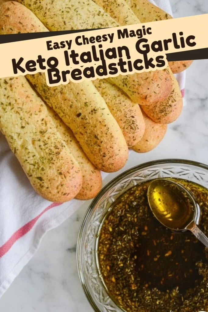 Keto Italian garlic breadsticks topped with herbs beside a bowl of garlic butter dipping sauce on marble counter.