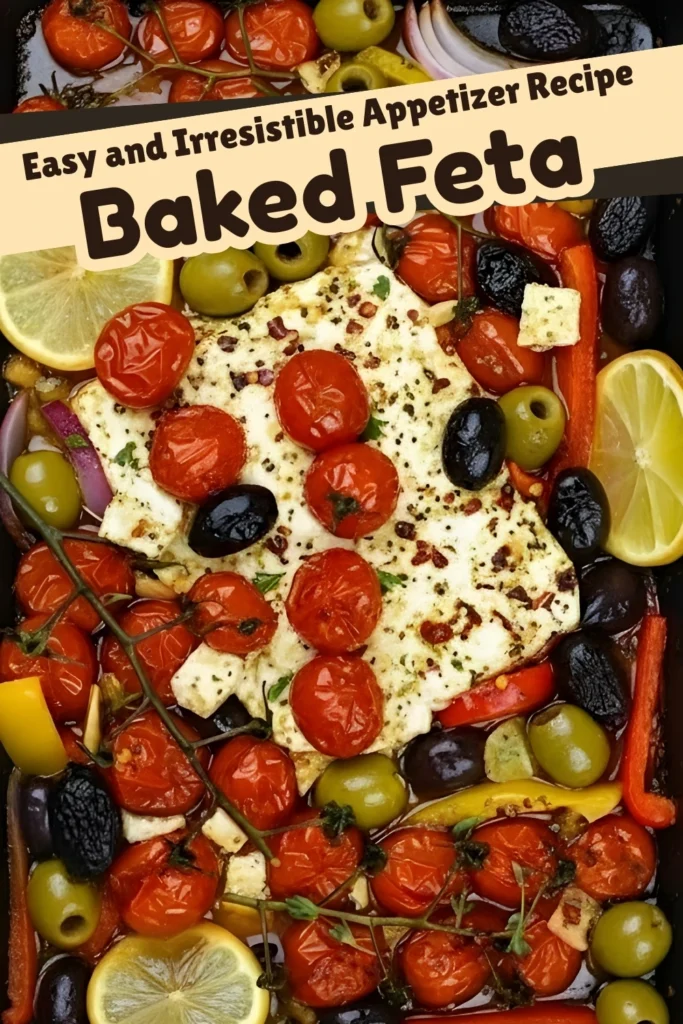 Easy and irresistible baked feta with cherry tomatoes, olives, and lemon slices, a Mediterranean appetizer perfect for sharing.