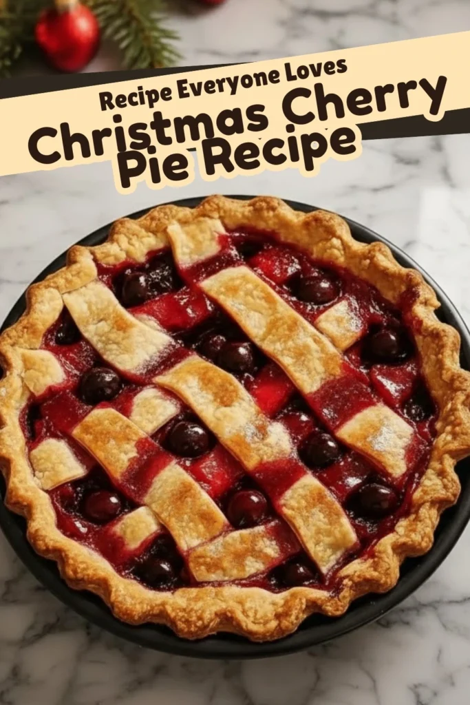 Festive Best Christmas Cherry Pie Recipe with golden lattice crust and tart cherry filling styled with holiday decorations on a marble surface