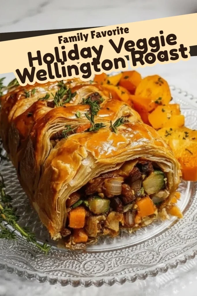 Golden puff pastry Holiday Veggie Wellington Roast sliced to show hearty vegetable filling of carrots, mushrooms, and zucchini on a festive plate.