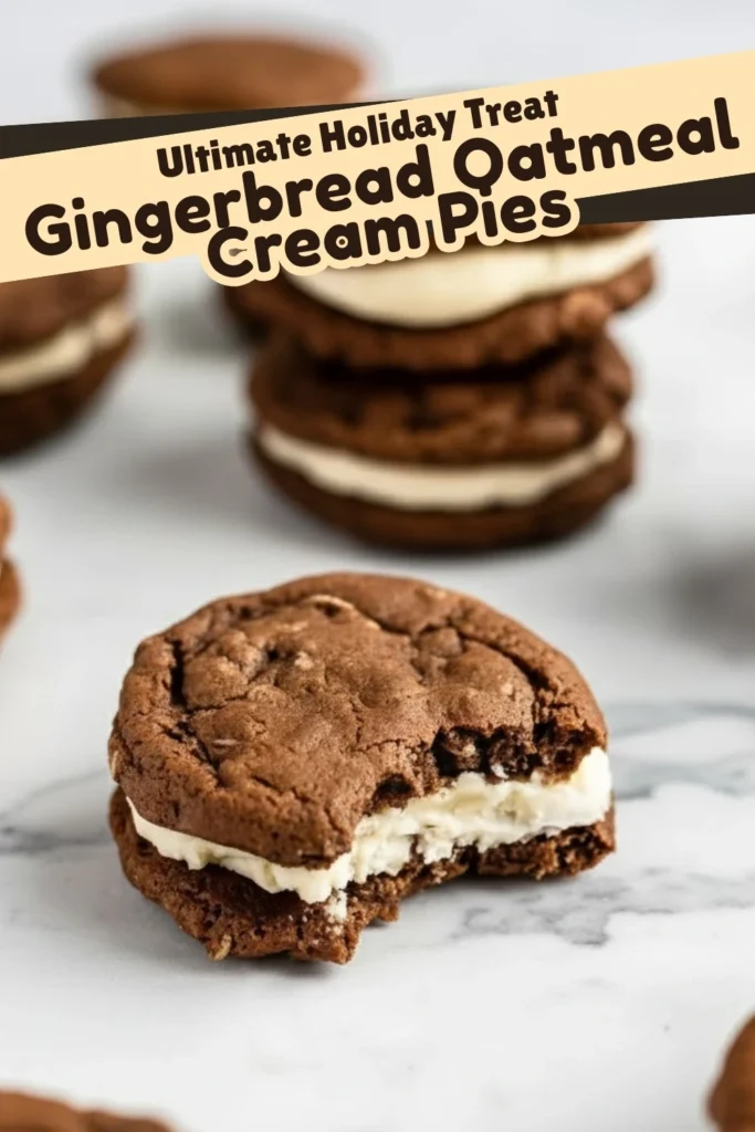 Close-up of gingerbread oatmeal cream pies filled with vanilla frosting, featuring one cookie with a bite taken out, perfect for holiday baking.