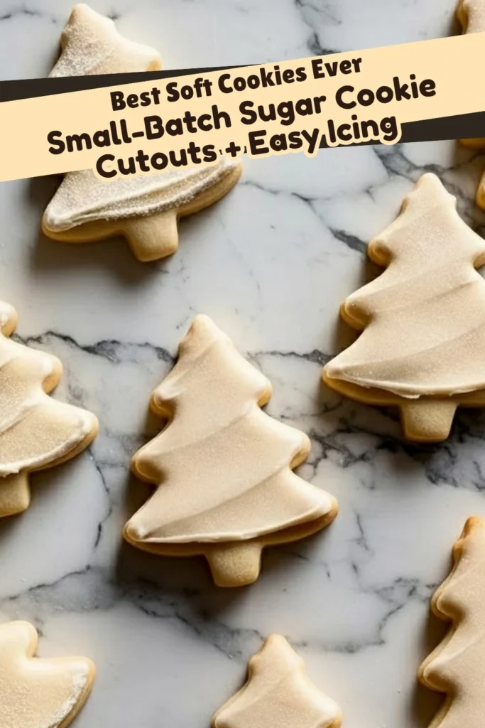 small batch sugar cookie cutouts with icing and text overlay on Christmas tree cookies