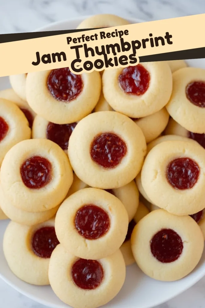 plate of raspberry shortbread thumbprint cookies with buttery dough and jam centers arranged under a recipe title graphic