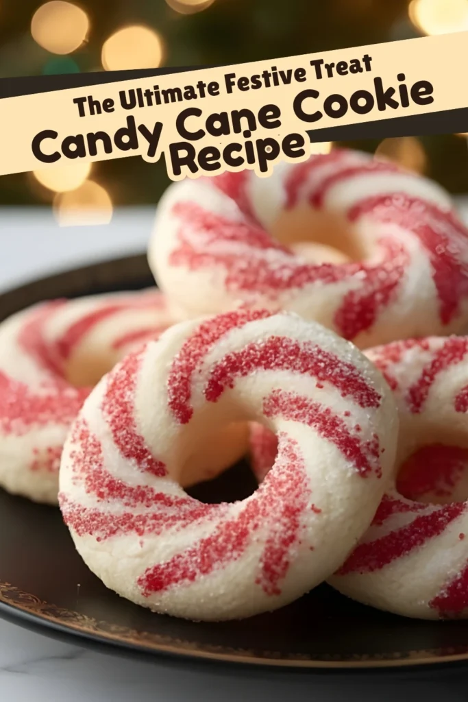 Candy cane cookies with red and white swirls in front of soft holiday lights, with text reading “The Ultimate Festive Treat Candy Cane Cookie Recipe.”
