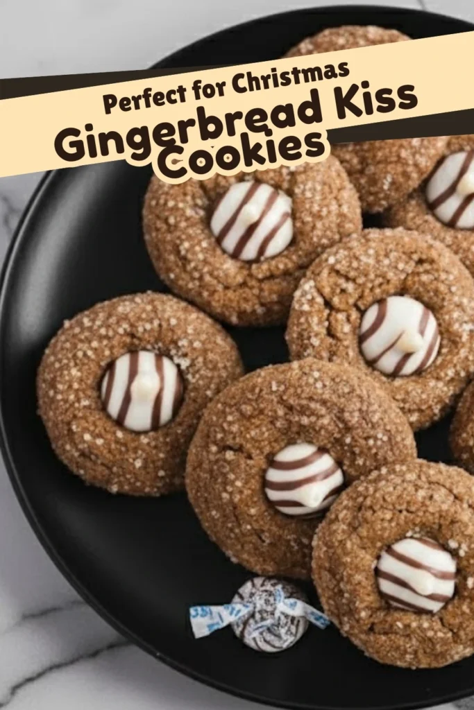 Christmas Kitchen Sink Cookies with Gingerbread flavor topped with striped Hershey’s Kisses on a black plate