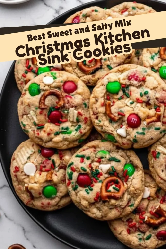 Christmas Kitchen Sink Cookies with Pretzels, M&Ms, Sprinkles, and White Chocolate Chips on a Black Plate