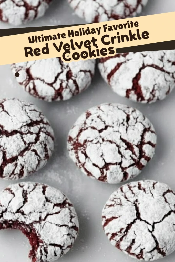 Ultimate holiday favorite red velvet crinkle cookies coated in powdered sugar with cracked tops on marble background