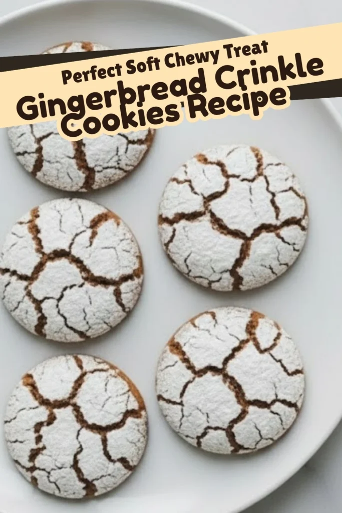 Gingerbread crinkle cookies on a white plate with a recipe title banner showing soft, chewy cookies dusted with powdered sugar.
