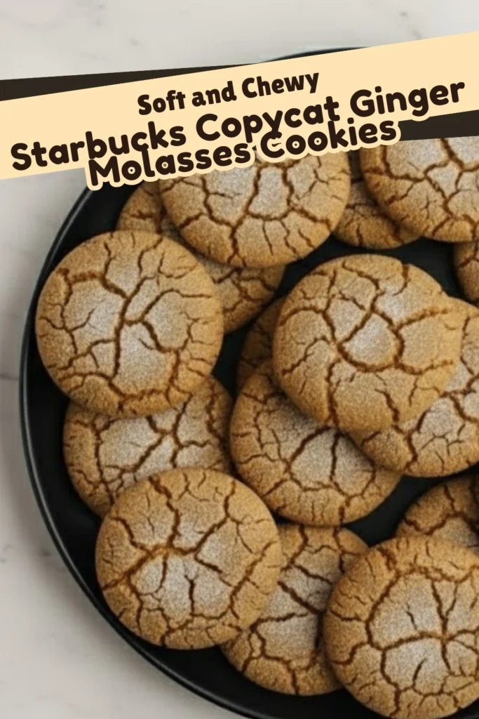 Soft and chewy Starbucks Copycat Ginger Molasses Cookies on a black plate with sugar-dusted crackled tops