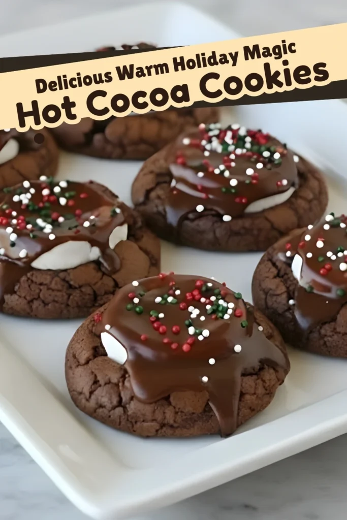 Hot cocoa cookies with marshmallow centers and chocolate icing topped with festive sprinkles on a white platter with a holiday-themed text banner.