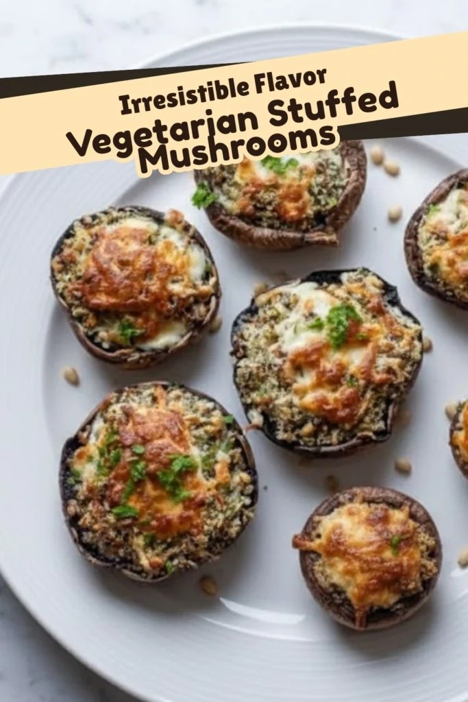 Best Vegetarian Stuffed Mushrooms baked with golden cheese and herb breadcrumb filling on a dark baking tray