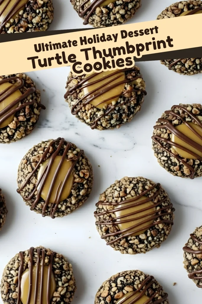 Turtle Thumbprint Cookies with caramel centers and chocolate drizzle, ultimate holiday dessert for gifting or celebrations