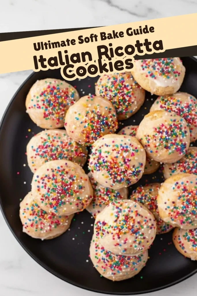 Italian Ricotta Cookies on a black plate with glaze and colorful sprinkles under a soft bake guide text banner.