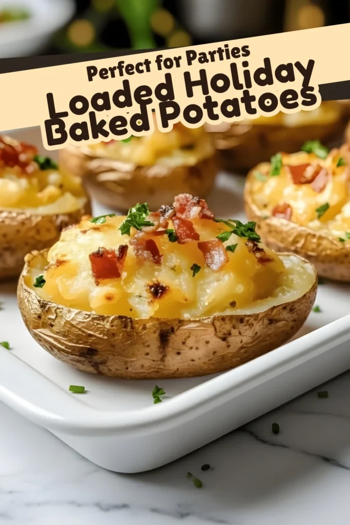 Loaded Holiday Baked Potatoes topped with melted cheese bacon and herbs