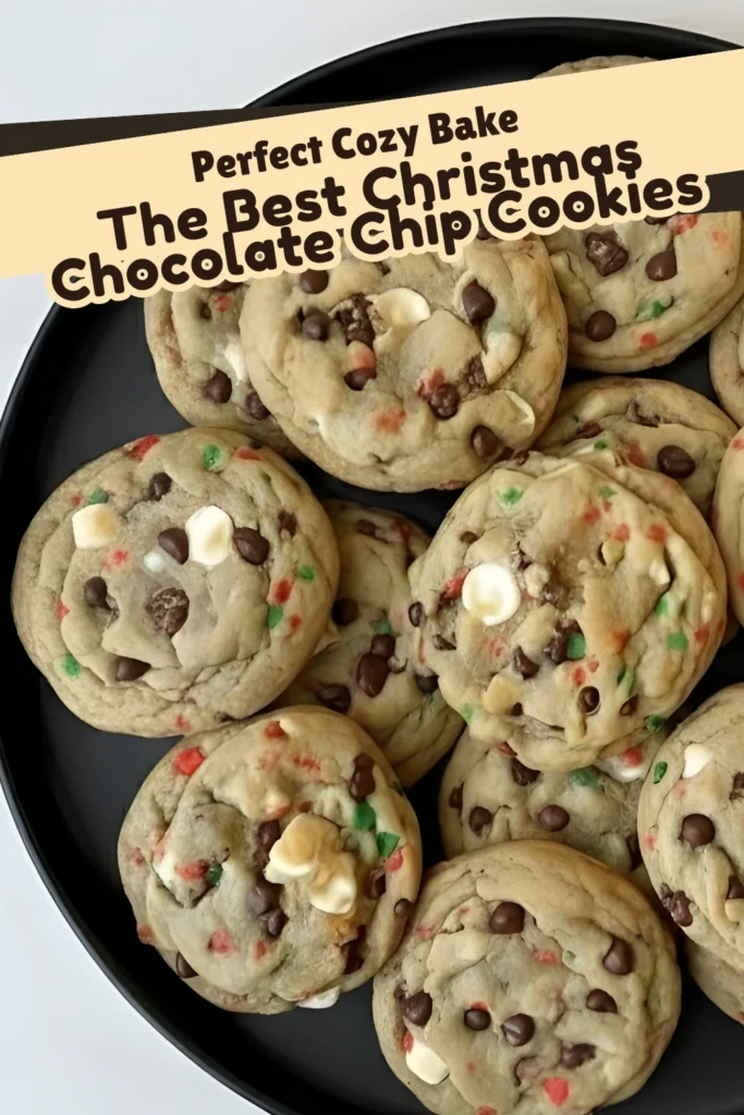 Close-up of soft Christmas chocolate chip cookies with festive red and green sprinkles on a black plate with a banner reading The Best Christmas Chocolate Chip Cookies.