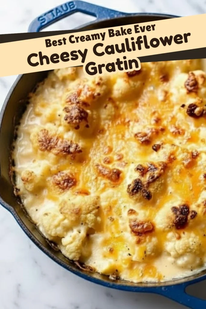 Cheesy cauliflower gratin baked in a cast iron skillet with a golden creamy top