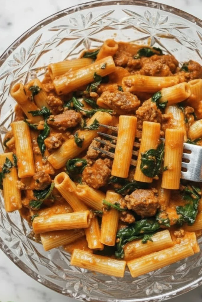 Creamy Italian sausage rigatoni pasta with spinach in tomato cream sauce served in a clear glass bowl.