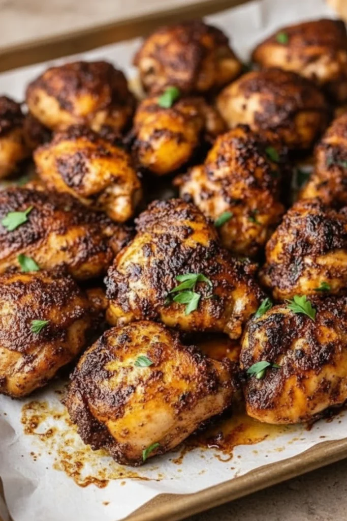 Spicy Harissa Roasted Chicken Thighs baked to golden perfection with crispy skin and fresh herbs on a parchment-lined baking sheet.
