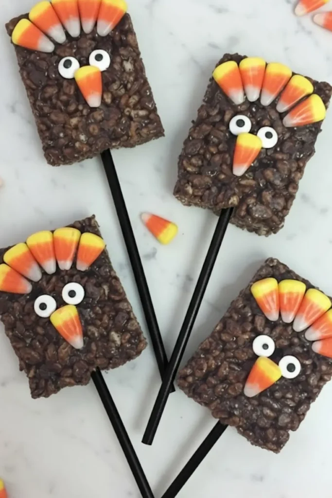 four thanksgiving rice krispie treat turkey pops made with chocolate cereal candy corn feathers and edible googly eyes on sticks