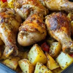 Golden-baked chicken drumsticks with crispy potatoes and roasted red peppers in a pan, seasoned with herbs and garlic for a family dinner.