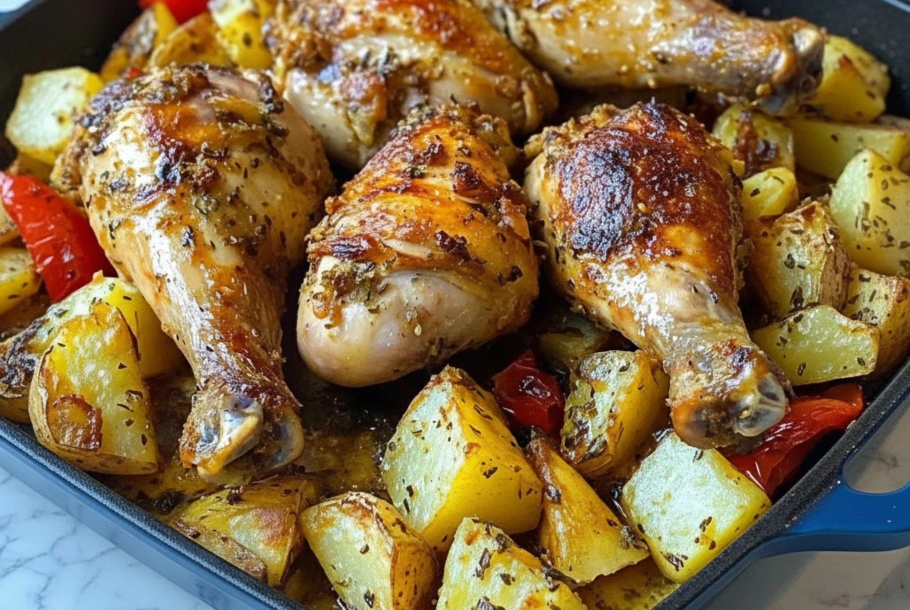 Golden-baked chicken drumsticks with crispy potatoes and roasted red peppers in a pan, seasoned with herbs and garlic for a family dinner.