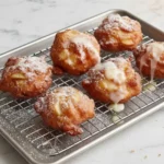 Freshly made air fryer apple fritters cooling on a wire rack, topped with powdered sugar and vanilla glaze on a marble countertop.