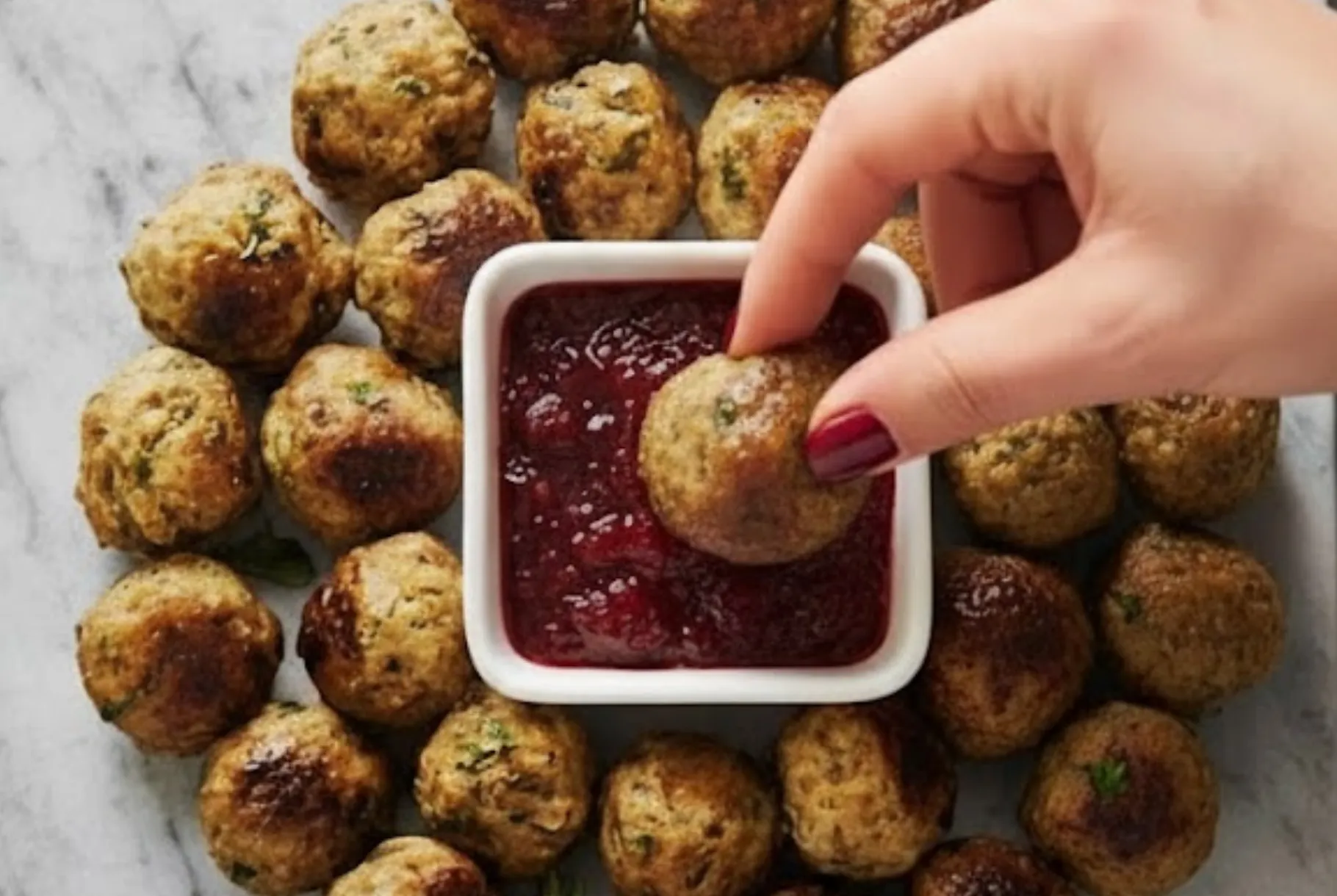 Cranberry glazed turkey meatballs served with tangy cranberry dipping sauce on a marble surface, perfect for holidays or family dinners.