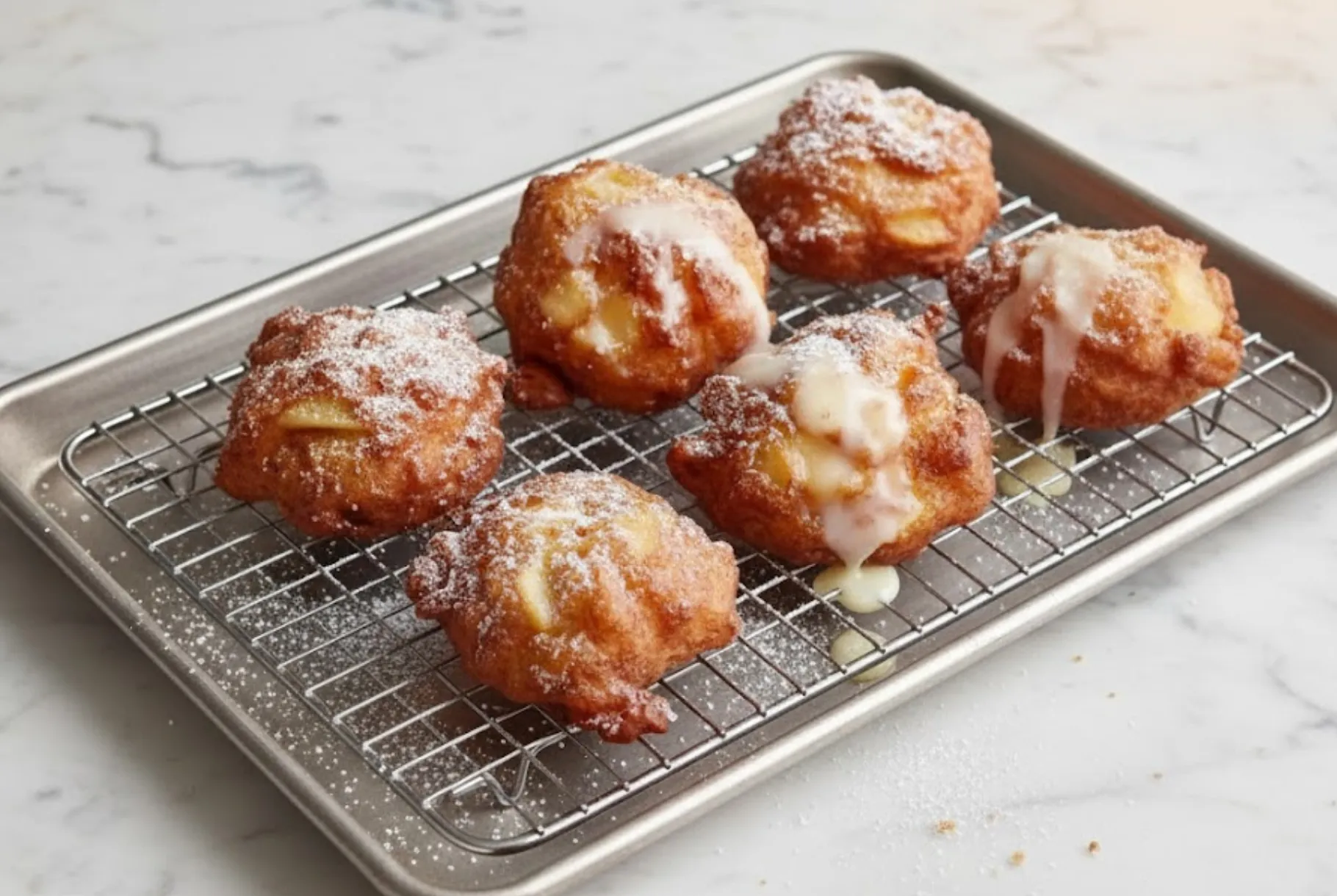 Freshly made air fryer apple fritters cooling on a wire rack, topped with powdered sugar and vanilla glaze on a marble countertop.