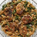 Creamy pork tenderloin medallions with orzo, spinach, and mushrooms served in a skillet, a flavorful one-pan dinner recipe.