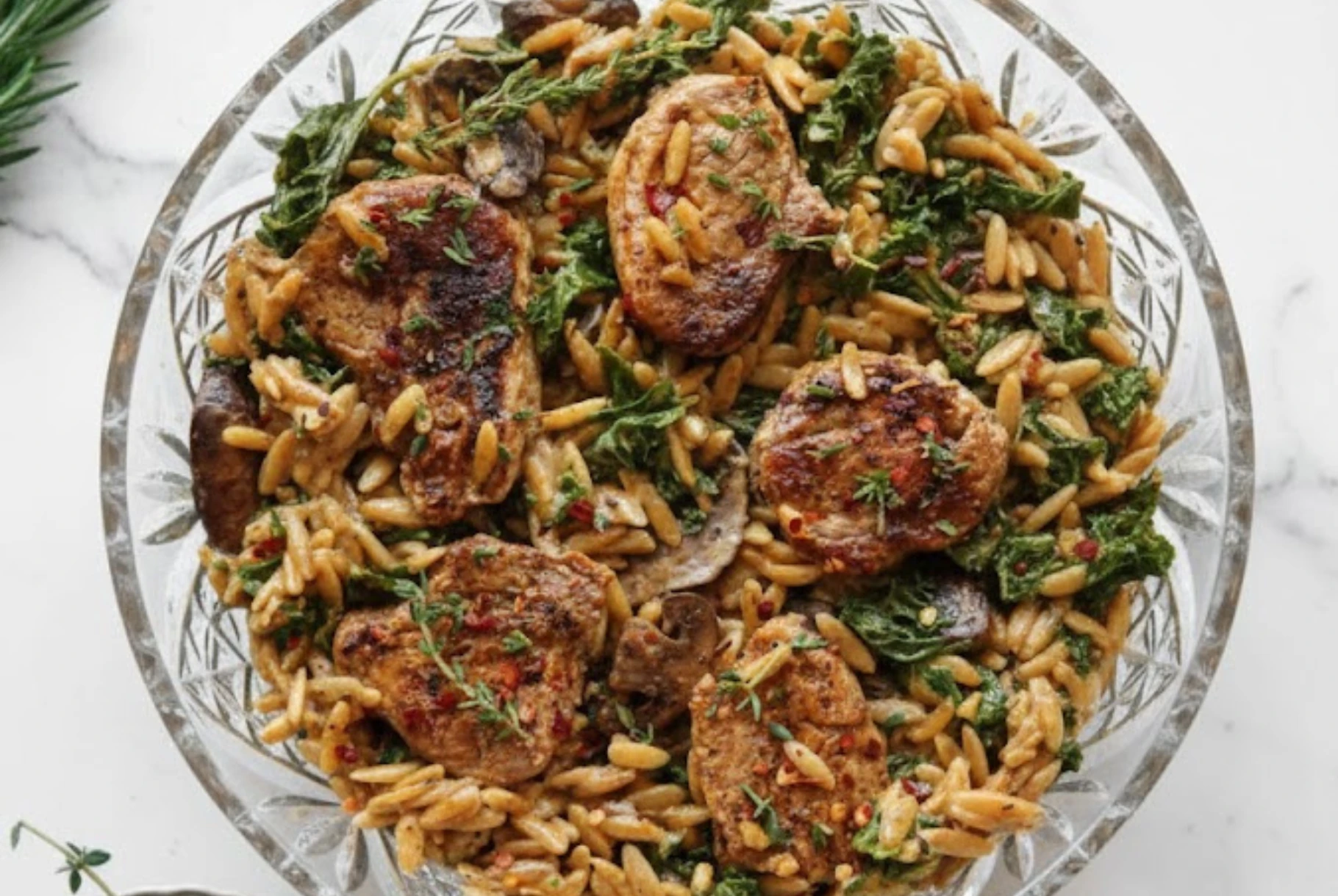 Creamy pork tenderloin medallions with orzo, spinach, and mushrooms served in a skillet, a flavorful one-pan dinner recipe.