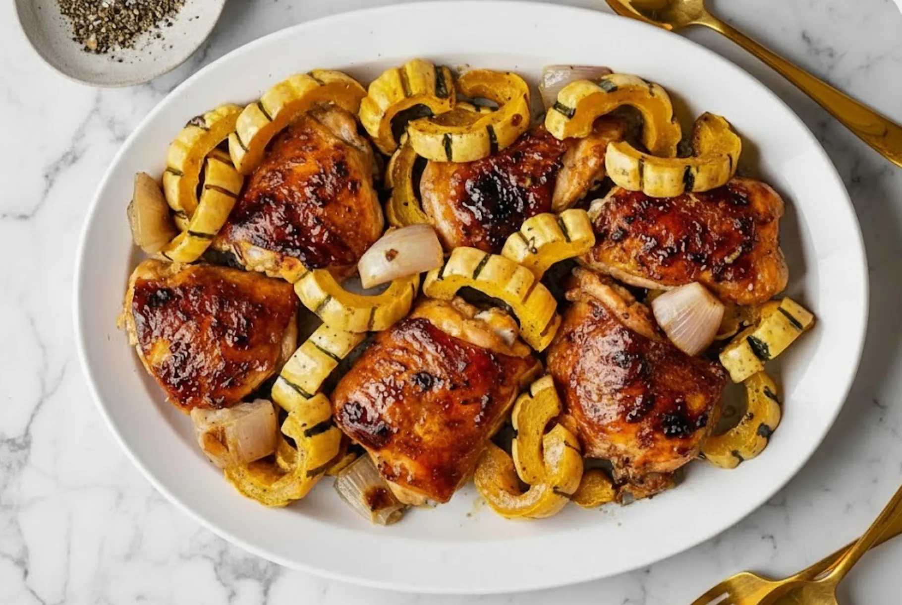 Miso-Honey Chicken with Delicata Squash roasted to perfection with caramelized shallots and honey glaze on a white platter.