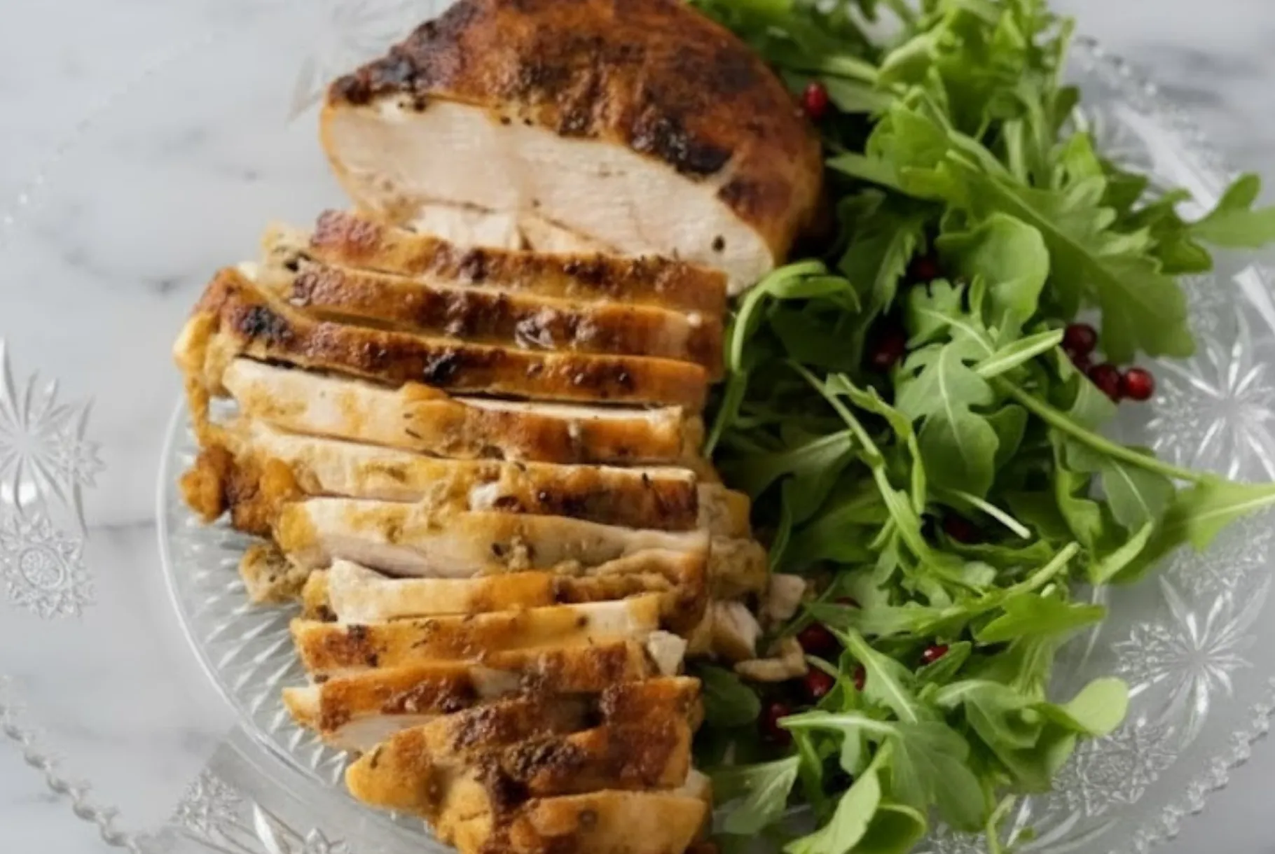 Slow Cooker Turkey Breast sliced thin with golden crispy skin on a glass platter, served beside fresh arugula and pomegranate seeds.