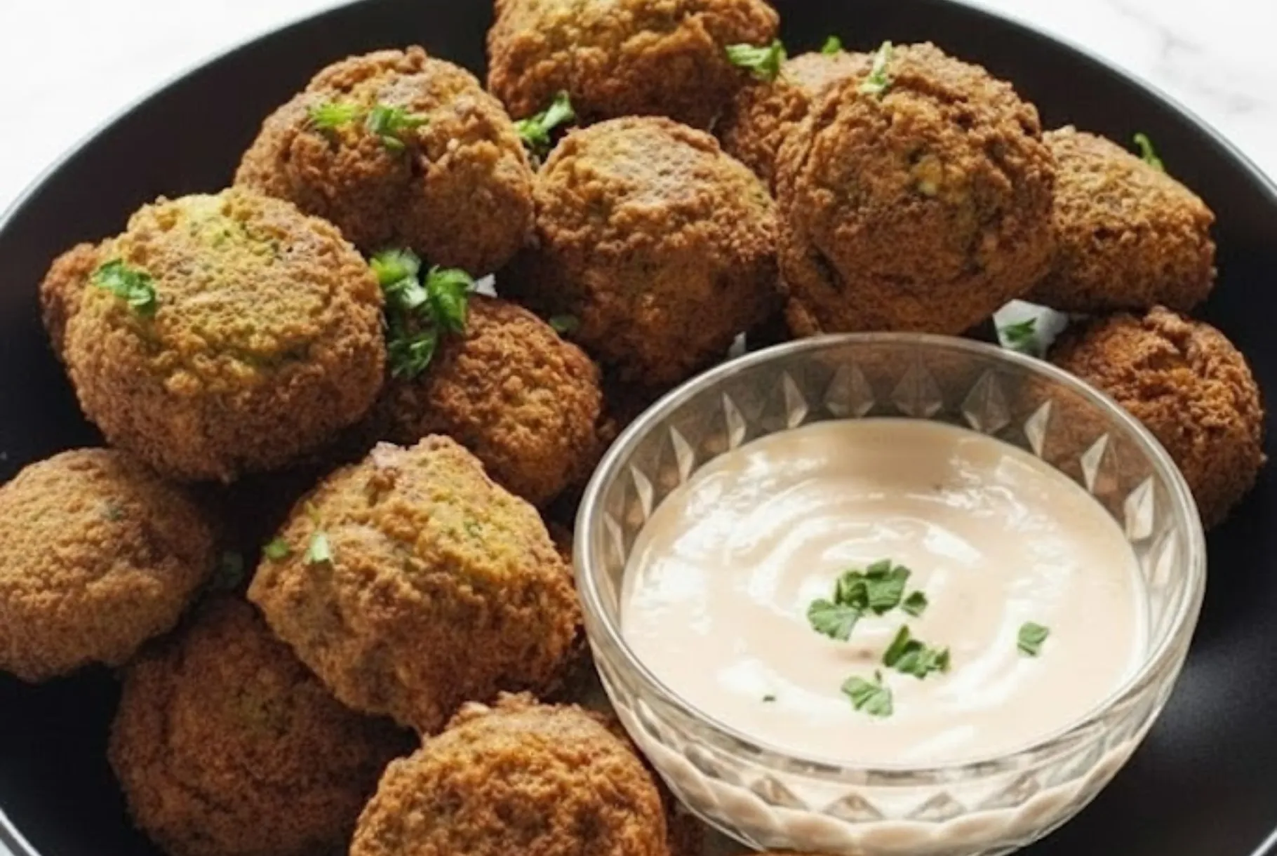 Crispy homemade falafel balls served with creamy tahini sauce in a bowl, garnished with fresh parsley.