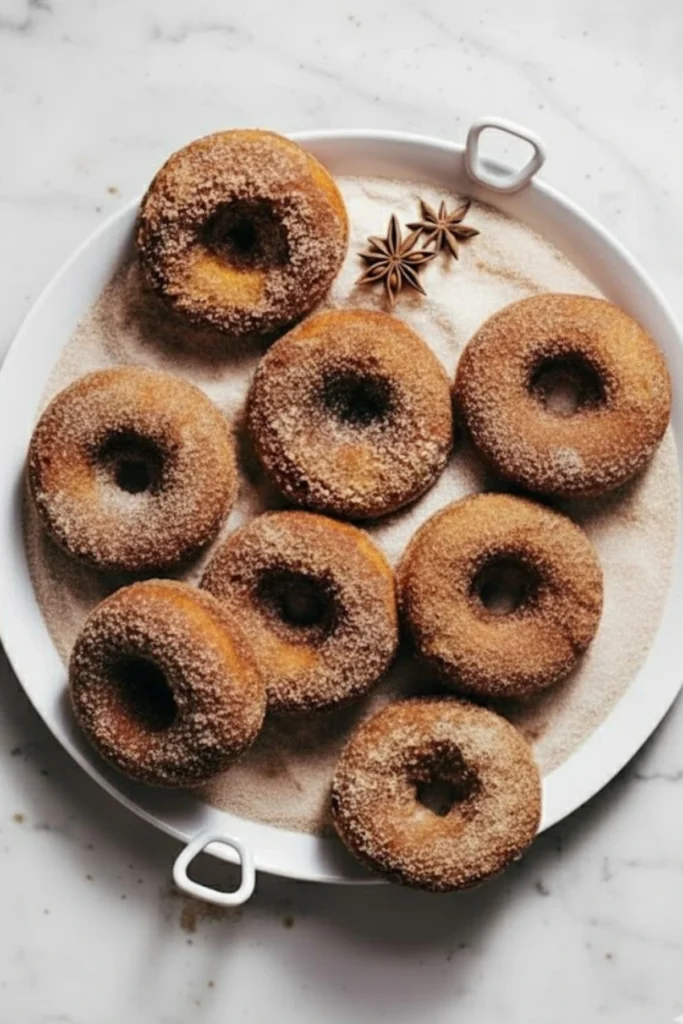 A plate of eight baked apple cider donuts coated in cinnamon sugar with star anise garnish on a marble countertop, perfect for cozy fall mornings.