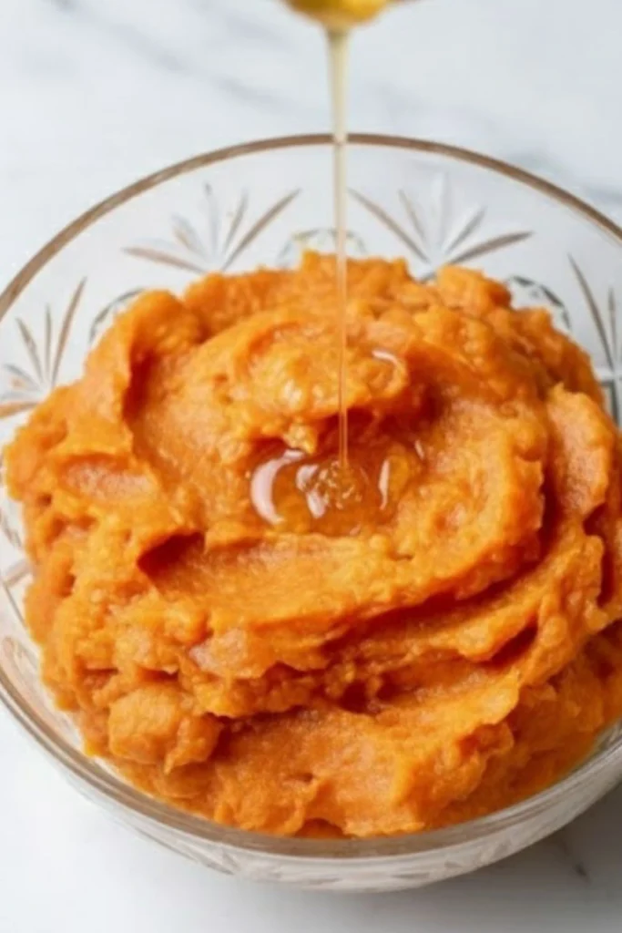 Brown butter whipped sweet potatoes in a glass bowl with warm melted butter drizzling on top.
